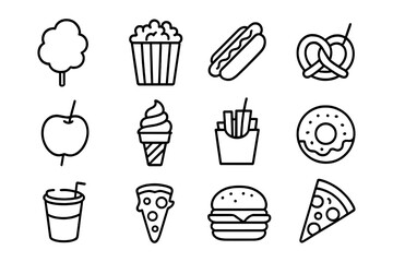 Outline icons of classic snack foods for menus and infographics