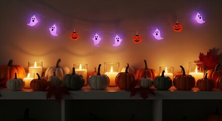 Fototapeta premium Halloween decor pumpkins candles ghostjackolantern string lights on white shelving dark interior