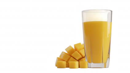 A refreshing glass of yellow mango juice sits elegantly beside a pile of fresh mango cubes. the fruits natural sweetness and inviting thirst-quenching appeal