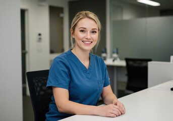 Smiling healthcare professional in blue scrubs sitting at a desk in a modern office environment