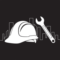 Construction Hard Hat Wrench and City Skyline helmet