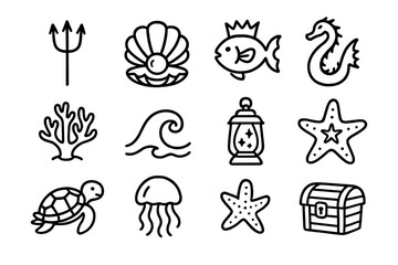 Ocean adventure icons: marine life and nautical symbols in a bold outline style