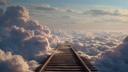 Surreal train track ending in the clouds, symbolizing unknown journeys and choices