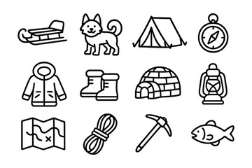 Fototapeta premium Outline icons of winter camping and adventure gear