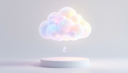 Dreamy pastel cloud with single raindrop hovering over a circular stage, against a plain studio backdrop