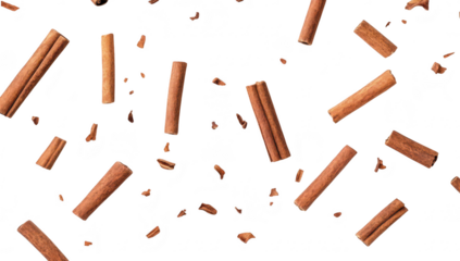 A visually appealing arrangement of scattered cinnamon sticks and shavings on a clean white background. ideal for culinary. health. or spice-related themes
