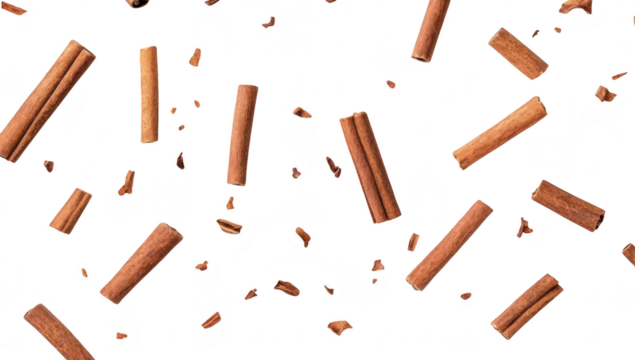 A visually appealing arrangement of scattered cinnamon sticks and shavings on a clean white background. ideal for culinary. health. or spice-related themes