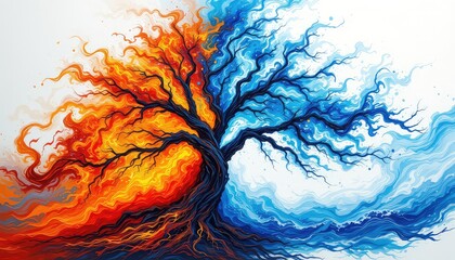 A Conceptual Tree Divided By Two Opposing Elemental Forces; A Vibrant Depiction of Contrasting Energy and Balance
