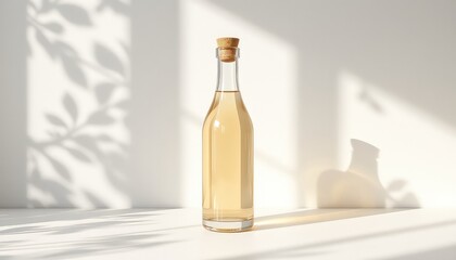 Minimalist studio shot featuring a bottle with a cork, liquid, and natural light and shadows