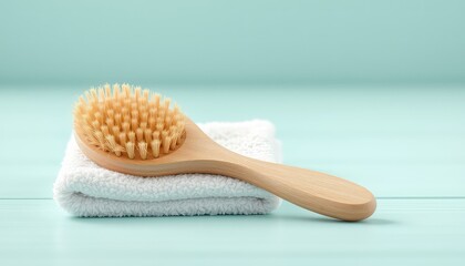 Simple body brush with natural bristles resting upon a fluffy white towel, set against a gentle light green backdrop
