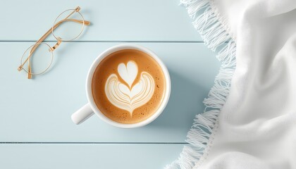 Morning Ritual Cappuccino with latte art, golden glasses, and a soft white blanket on a pastel blue table