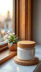 Cream Jar With Wooden Lid and Plant on Window Still With Calm Hues in a Homey Aesthetic