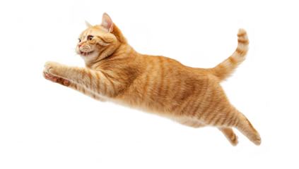 A playful orange tabby cat leaps gracefully through the air against a pure white background. capturing a moment of joy and energy. perfect for pet-themed content or animal photography
