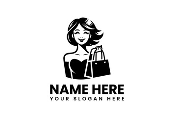 Smiling Woman Holding a Shopping Bag with Short Hair in Black and White.