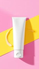 Blank White Tube on Pink and Yellow Backdrop with a Swirl of Moisturizing Balm for Beauty Advertising