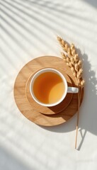 Warm beverage in a white mug, resting on a wooden coaster, next to wheat under striped light