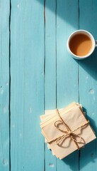 Relaxing Morning Hot Beverage and Stack of Tied Envelopes on Light Blue Painted Wooden Table