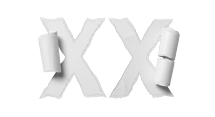 Torn Paper XX Design with Rolled Edges on White Background.