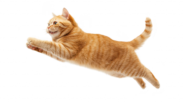 A playful orange tabby cat leaps gracefully through the air against a pure white background. capturing a moment of joy and energy. perfect for pet-themed content or animal photography