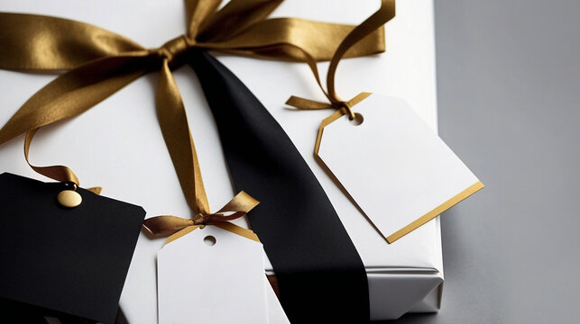 Elegant Gift Box with Gold Ribbon and Tags