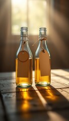 Two unlabeled glass bottles filled with golden liquid sit on a weathered wooden surface bathed in sunlight