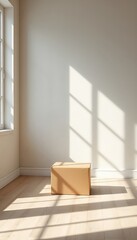 Sunlight Streams Through a Window Illuminating a Cardboard Box Sitting on a Light Colored Wooden Floor Against a Neutral Wall