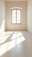 Bright Sunlight Streaming Through Window Casting Geometric Shadows on Cream Tiled Floor in Minimalist Room