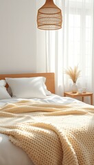 Warm bedroom with sunlight shining through translucent drapes featuring soft bedding and a wicker lamp