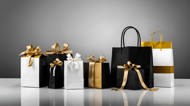  Black and White Gift Bags with Gold Ribbons
