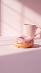 Morning Sweet Treat A Delicious Donut with Pink Frosting and Sprinkles Accompanied by a Warm Beverage in a Delicate Setting