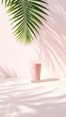 Refreshing pink smoothie in a glass with straw, under the shade of a tropical palm leaf, on a pastel surface