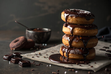 Fresh Baked Donuts Topped with Chocolate Sauce
