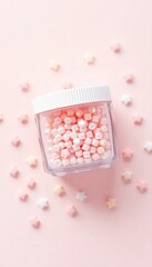 Pastel star shapes and sphere beads in clear container with pink background creating a whimsical and visually appealing composition