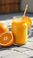 Refreshing beverage in glass container with a straw alongside sliced citrus fruit with natural lighting and neutral background
