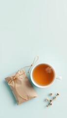 Minimalist composition featuring herbal tea, a tied kraft paper package, and delicate dried flowers on a calm colored backdrop