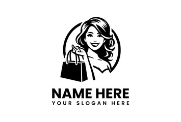 Smiling Woman Holding Shopping Bag in Circular Frame Black and White Logo.