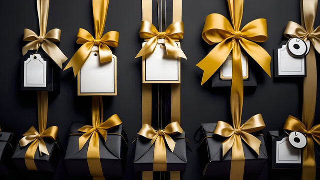  Black Gift Boxes with Gold Ribbons and Tags On abstruct Background