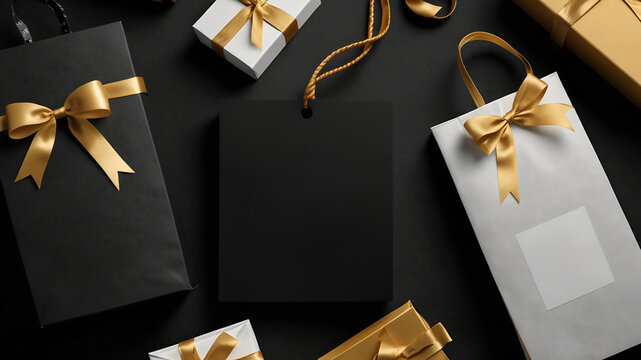 Black and White Gift Boxes and Bags with Gold Ribbons and Tags