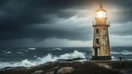A lighthouse shines brightly amidst a raging storm at sea