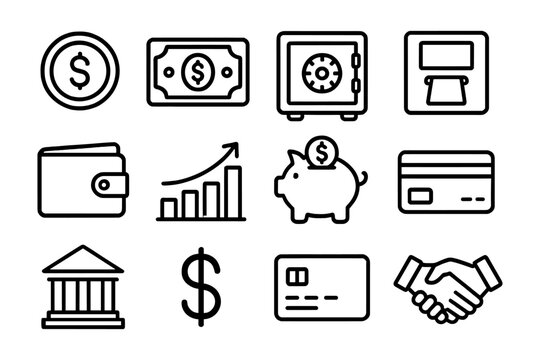 Financial icons set featuring wallet, atm, bank, and growth chart in simple bold style