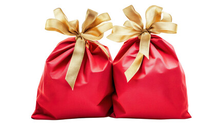 Two red gift bags adorned with golden bows. placed side by side against a clean white background. suggesting a festive occasion or celebration. perfect for holiday-themed projects