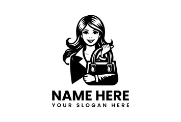 Smiling Woman with Wavy Hair Holding a Structured Handbag in Black and White.