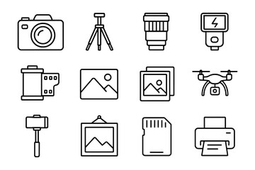 Photography icon set with camera, tripod, drone, and more in linear style