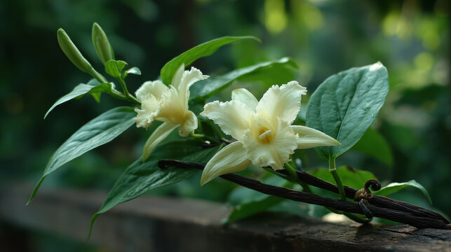 Vanilla pod with pale orchid blossom in soft sunlight