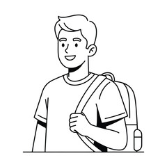 Minimalist outline drawing of smiling boy wearing t shirt and carrying shoulder bag