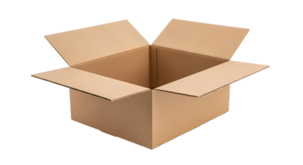 Plain corrugated cardboard box open and empty, isolated against a pure white background. Simple shipping and moving container with no shadow, logo, or text