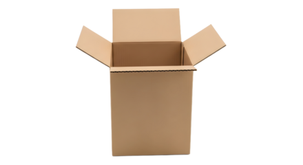 An open, empty brown cardboard box, a plain and simple container object isolated on a clean white background with no text or logo