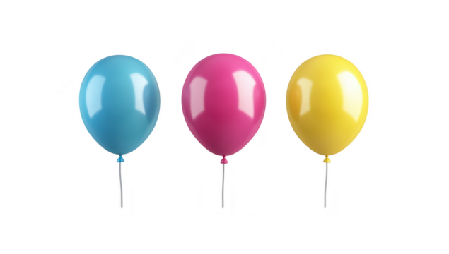 Three balloons in blue. pink. and yellow floating against a clean white background. creating a cheerful and festive atmosphere. ideal for celebrations. parties. or events