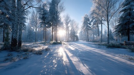 Sunlit Winter Forest Scene with Snow Covered Trees and Sparkling Snow on the Ground in Cinematic HDR Landscape