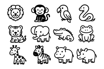 Naklejka premium Cute outline animal icons set featuring jungle and safari animals